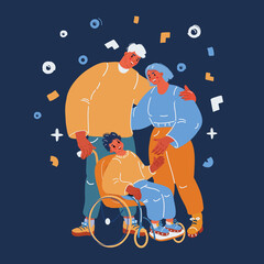 Cartoon vector illustration of Cheerful family with child in a wheelchair. Character design on parents and their limited abilities son together smiling