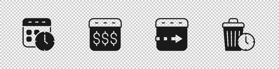 Set Calendar and clock, Payday, calendar with dollar, Time flies on the and Waste of time icon. Vector