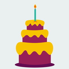 Cake With Candle. Three Tiers Of  Birthday And Valentine Celebration.Cake On A Platter. Glazed Cake Decorated With Cream And Candles. Festive Sweets Cake. Sign Icon Vector Illustration Design Template