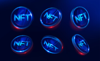 NFT nonfungible token illustration with red and blue glowing lights dark blue background. Vector cryptocurrency