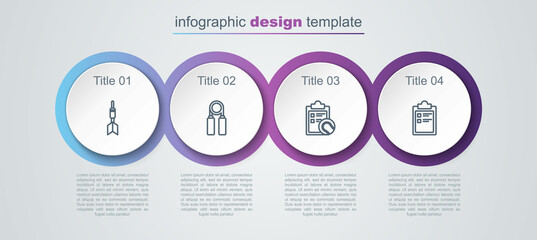 Set line Dart arrow, Sport expander, Checklist clipboard tennis ball and training program. Business infographic template. Vector