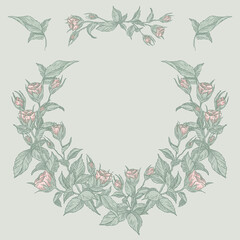 Round frame of roses for wedding invitation