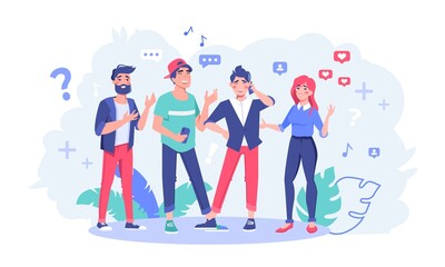 Diverse people group standing talking using phone surrounded by social media icon flat vector illustration. Digital network, online communication concept
