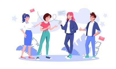 Fototapeta premium Diverse people discussing social media network, exchanging information and brainstorming flat vector illustration. Online and offline communication concept