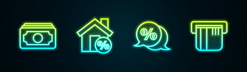 Set line Stacks paper money cash, House with percant discount, Discount percent tag and Credit card. Glowing neon icon. Vector