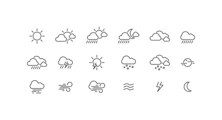 Weather, Sun, Clouds, Rain, Snow and Thunder Flat Vector Icon Set
