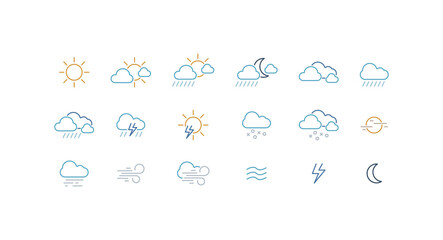 Weather, Sun, Clouds, Rain, Snow and Thunder Color Vector Icon Set