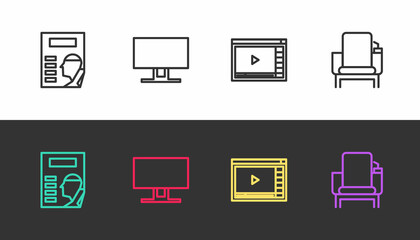 Set line Cinema poster, Smart Tv, Online play video and chair on black and white. Vector