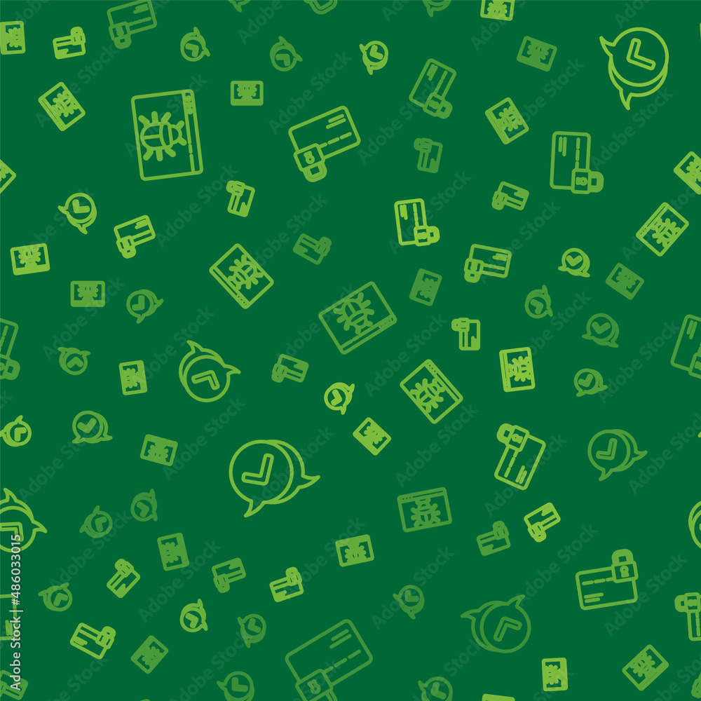 Poster set line system bug, check mark in speech bubble and credit card with lock on seamless pattern. vect