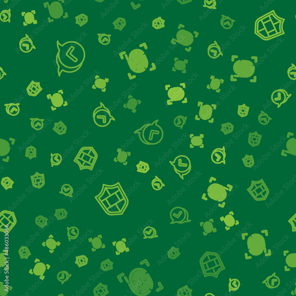 Poster set line check mark in speech bubble, shield with brick wall and fingerprint on seamless pattern. ve