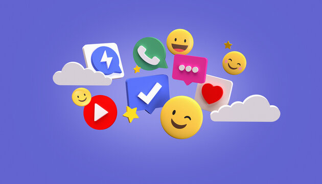 Social media, online social communication, emoji, chat on violet background 3D illustration