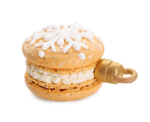 Beautiful macaron decorated as Christmas ball isolated on white