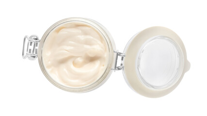 Mayonnaise in glass jar isolated on white, top view