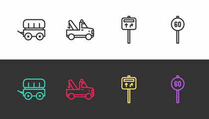 Set line Wild west covered wagon, Tow truck, Road traffic signpost and Speed limit on black and white. Vector