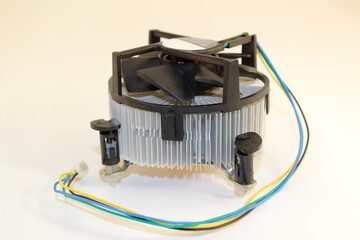 computer fan old with wires close-up on a white background