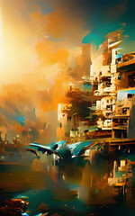 Wall fine art paining in oil mixed style, stock, contemporary impressionism artwork for sale, vibrant abstract art, colorful brush strokes, print for decoration canvas, case, paper, poster, card 