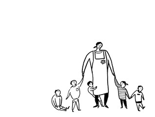 小さい子供と手を繋ぐエプロン姿の女性、線画（横、右配置）