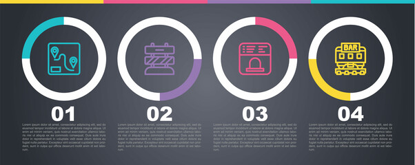 Set line Route location, End of railway tracks, Ticket office to buy tickets and Restaurant train. Business infographic template. Vector