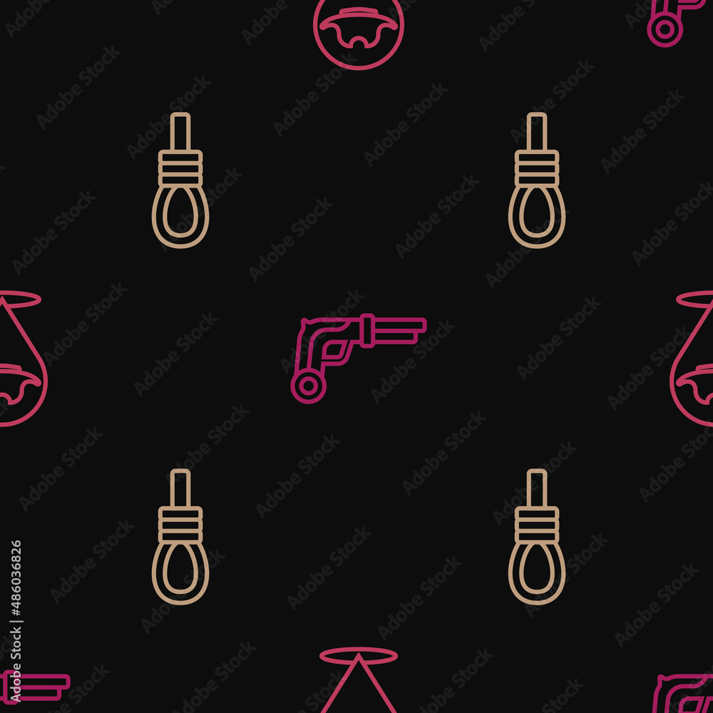 Poster set line location pirate, gallows rope loop hanging and vintage pistols on seamless pattern. vector