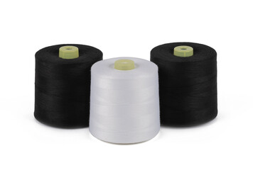 Spool of sewing thread, isolated on white background. Colored yarns used by factories in the clothing industry. Threads wound on the spool. Colored reels