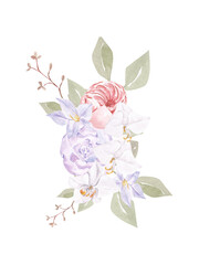 Fototapeta premium Purple floral bouquet watercolor illustration with hand drawn boho flower, orchid in color trandy very peri. Violet floral composition illustration for wedding card, bridal shower, baby shower