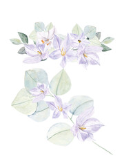 Purple floral bouquet watercolor illustration with hand drawn boho flower, orchid in color trandy very peri. Violet  floral composition illustration for wedding card, bridal shower, baby shower © gingernatyart