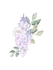 Purple floral bouquet watercolor illustration with hand drawn boho flower, orchid in color trandy very peri. Violet  floral composition illustration for wedding card, bridal shower, baby shower