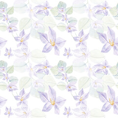 Obraz premium Violet flowers seamless pattern, romantic garden ornament pattern with purple, peach, very peri flower decoration
