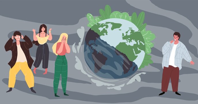 Vector flat cartoon characters shocked by state of planet Earth-environmental pollution problem,chemical toxic substances and heavy metals use,environmental protection concept,web site banner design