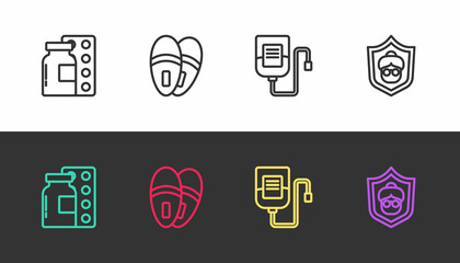 Set line Pills in blister pack, Slippers, IV bag and Grandmother on black and white. Vector