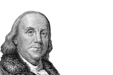 Fototapeta na wymiar Benjamin Franklin portrait Of Series 1928 A , US dollars banknote. Vertical close up Old portrait. 