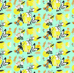  Seamless pattern with flowers and rabbits on the blue background