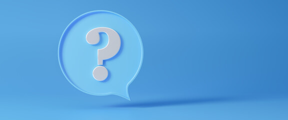 Speech bubbles with white question marks on blue background for FAQ and question and answer time, question mark icon, help speech bubble sign, classic style, 3d rendering illustration