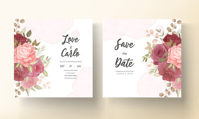 Floral wedding invitation template set with elegant flower and leaves decoration