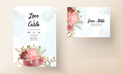 Floral wedding invitation template set with elegant flower and leaves decoration