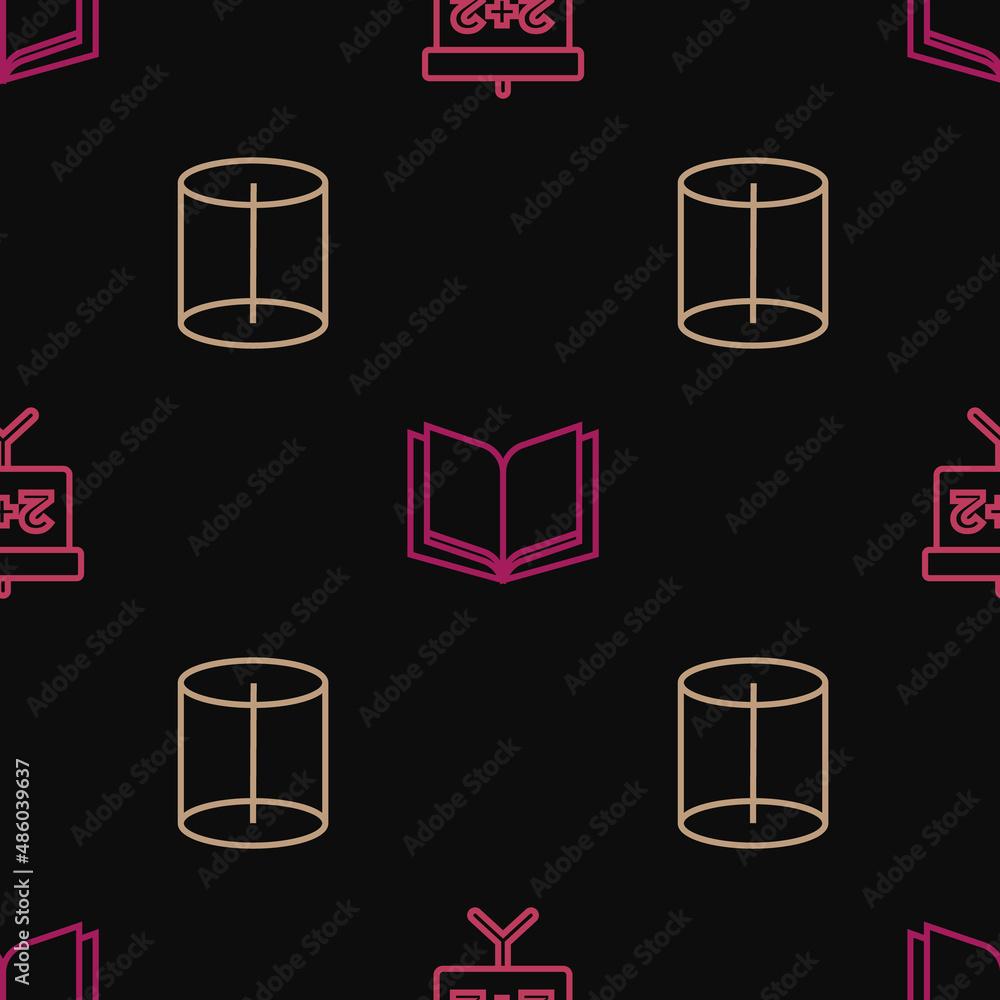 Poster set line chalkboard, geometric figure and open book on seamless pattern. vector