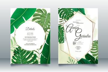 Elegant wedding invitation card with tropical leaves template Premium Vector