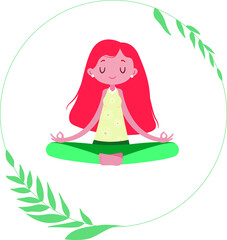 Vector illustration. Yoga girl. Beautiful flora ornament. An interesting combination of colors. Relaxation, tranquility, yoga. The lotus position. Meditation. Nature.
