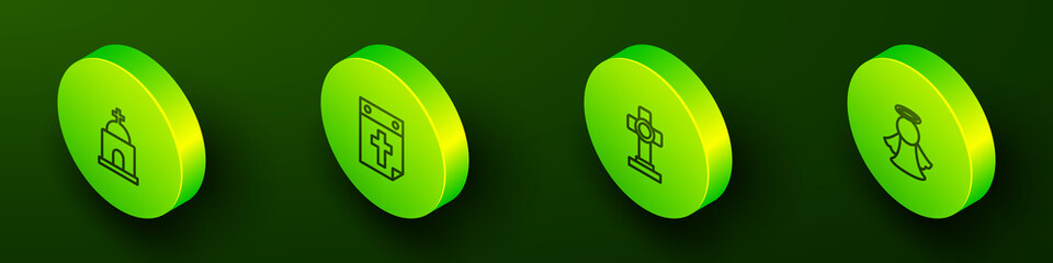 Set Isometric line Old crypt, Calendar death, Grave with cross and Angel icon. Vector