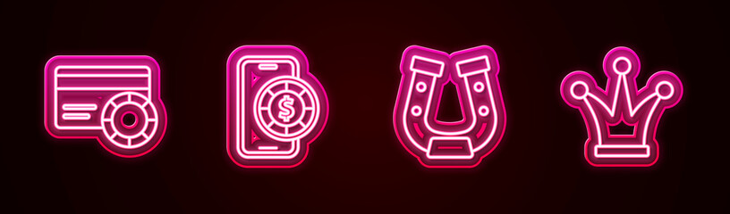 Set line Credit card, Online poker table game, Horseshoe and Joker playing. Glowing neon icon. Vector