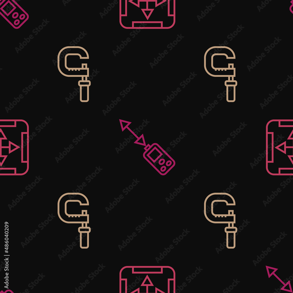 Poster set line area measurement, micrometer and laser distance measurer on seamless pattern. vector
