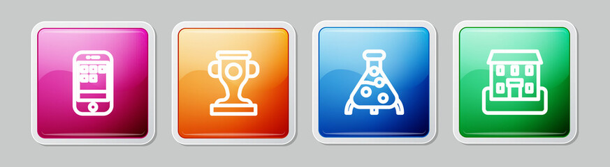 Set line Smartphone, Award cup, Test tube and flask and School building. Colorful square button. Vector