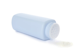 Bottle and scattered dusting powder on white background. Baby cosmetic product