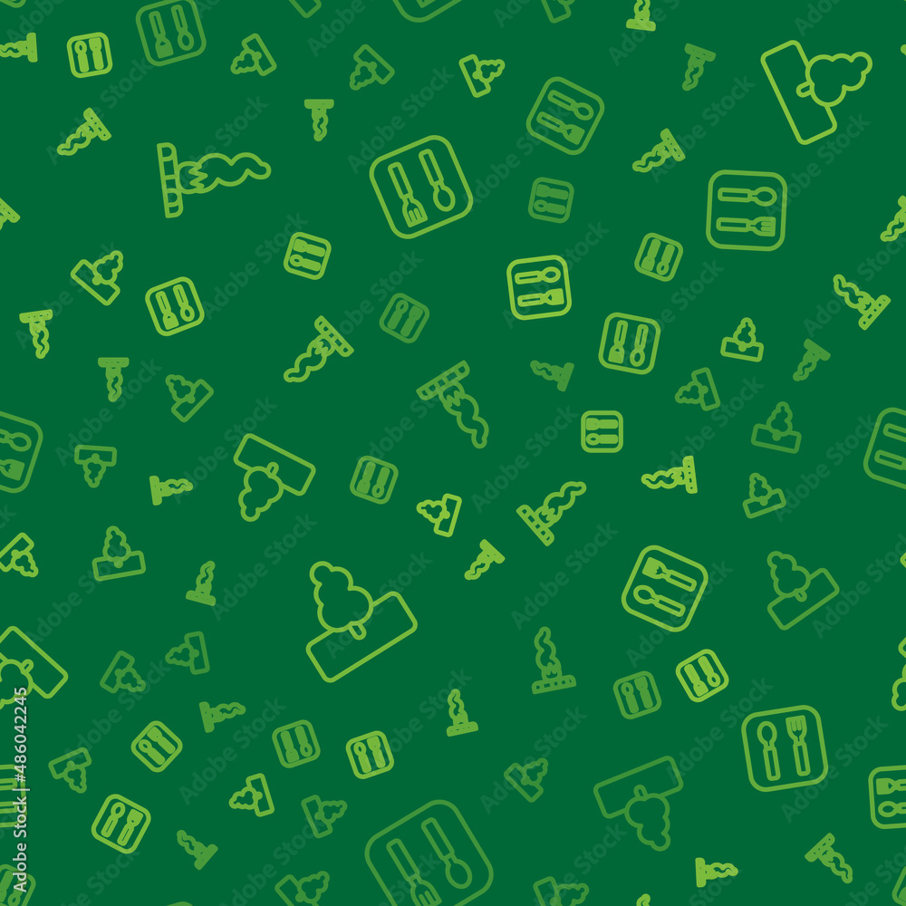 Poster set line campfire, tree and fork and spoon on seamless pattern. vector