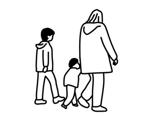 母親と子供2人で歩く人物線画イラスト