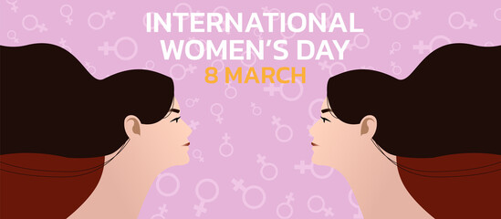 International Women's Day. Vector illustration of five happy smiling diverse women standing together. 
