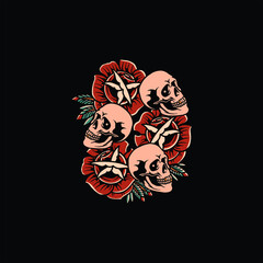 rose and skull tattoo vector design