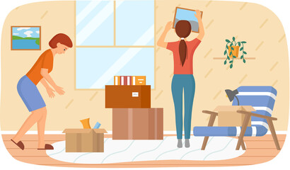 Women moving to new house, carrying things to apartment, changing place of residence. Unpacking things after shipping, decorating home concept. People settle in new apartment after relocation