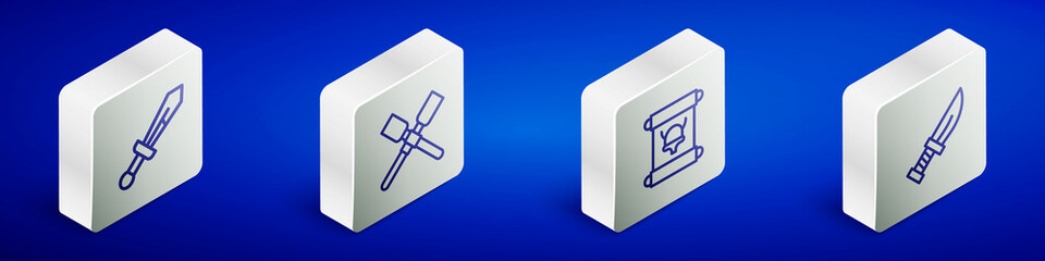 Set Isometric line Medieval sword, Oars paddles boat, Decree, parchment, scroll and Dagger icon. Vector