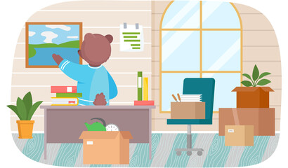 Wild animal moving to new house or office puts things in cardboard boxes, removal, change of place of residence. Moving to new apartment, relocation. Bear packs things to shipping. Rental of premises